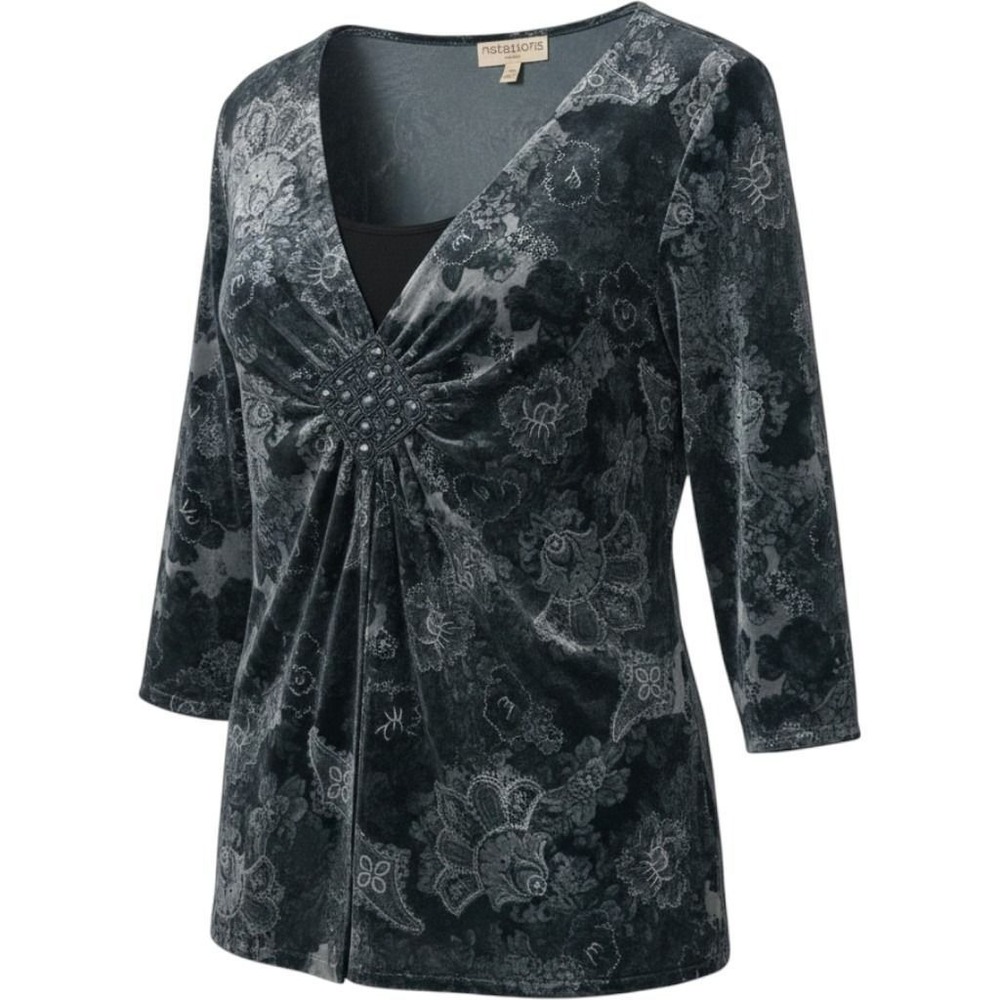 Notations Woman Velvet Paisley Beaded Tunic Top 1X Black Green Fairy Whimsigoth